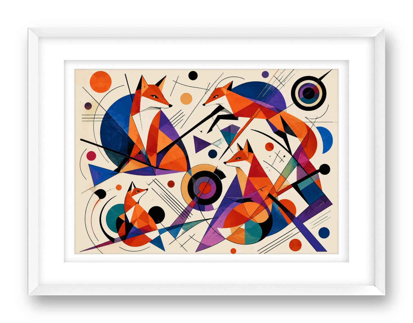 Geometric Fox Painting printed on fine art paper, framed on a white frame and matted.