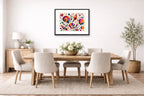 Seashells - Geometric Painting printed on fine art paper, framed on a black frame and matted and hung on a dining room wall.
