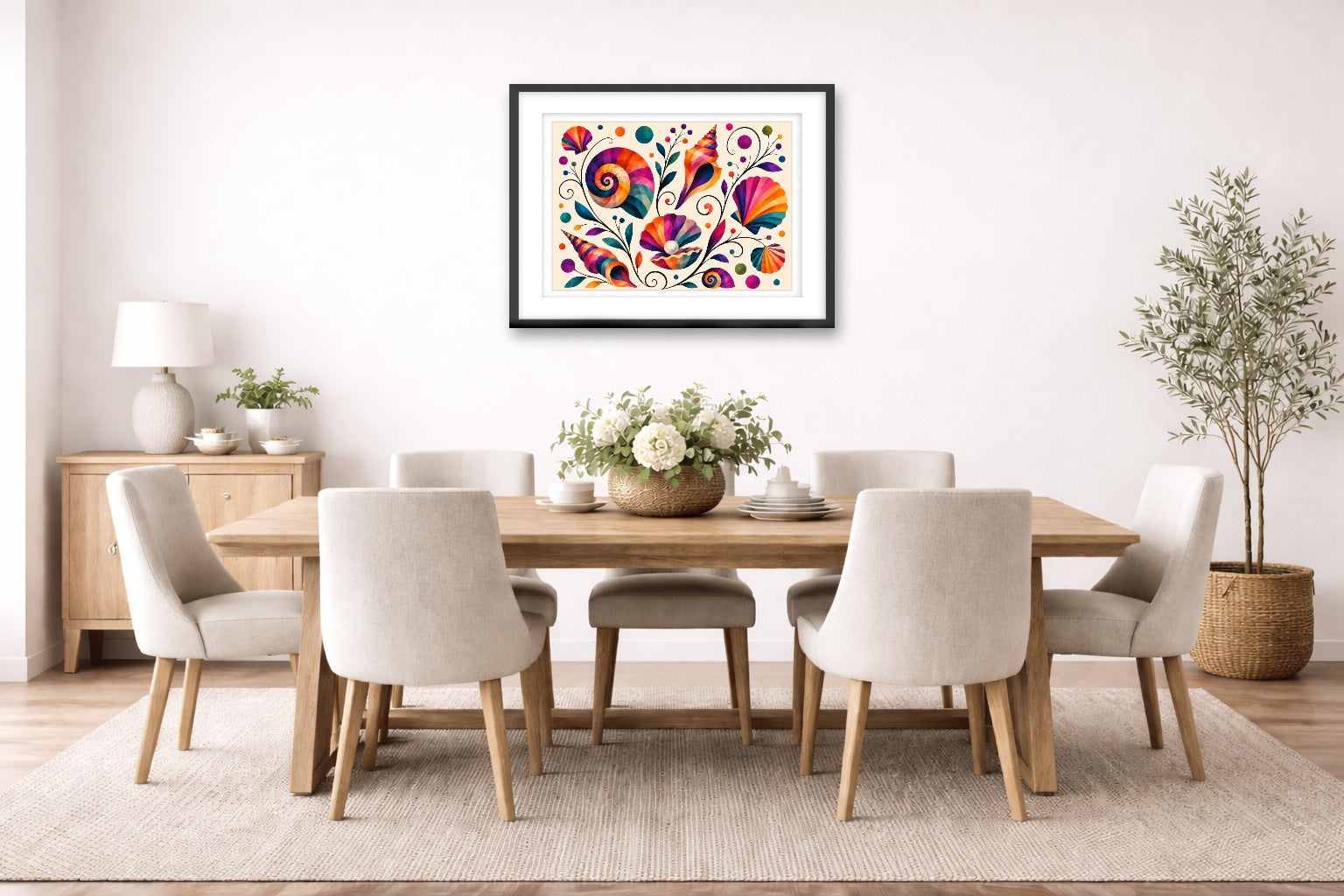 Seashells - Geometric Painting printed on fine art paper, framed on a black frame and matted and hung on a dining room wall.