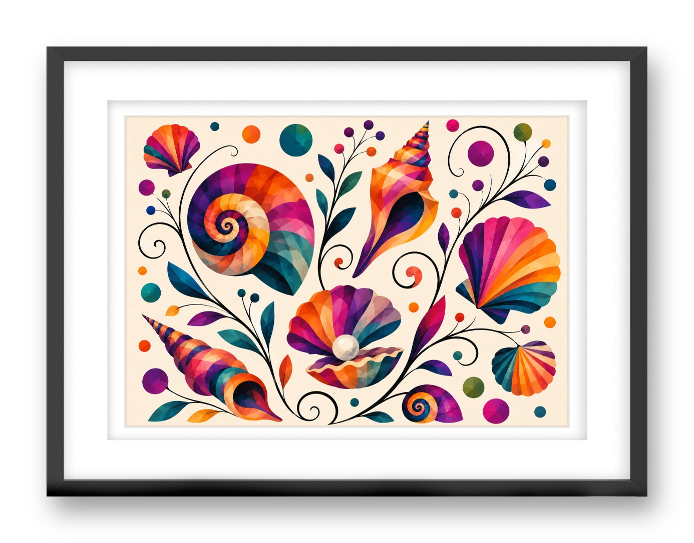 Seashells printed on fine art paper, framed on a black frame and matted.