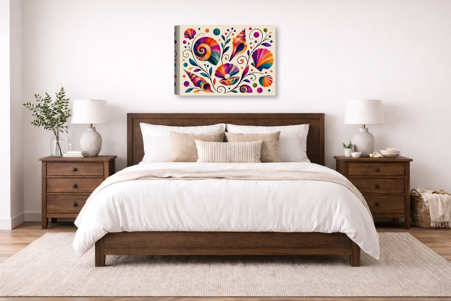 Seashells - Geometric Painting printed on canvas wall art displayed on a wall above a bed.