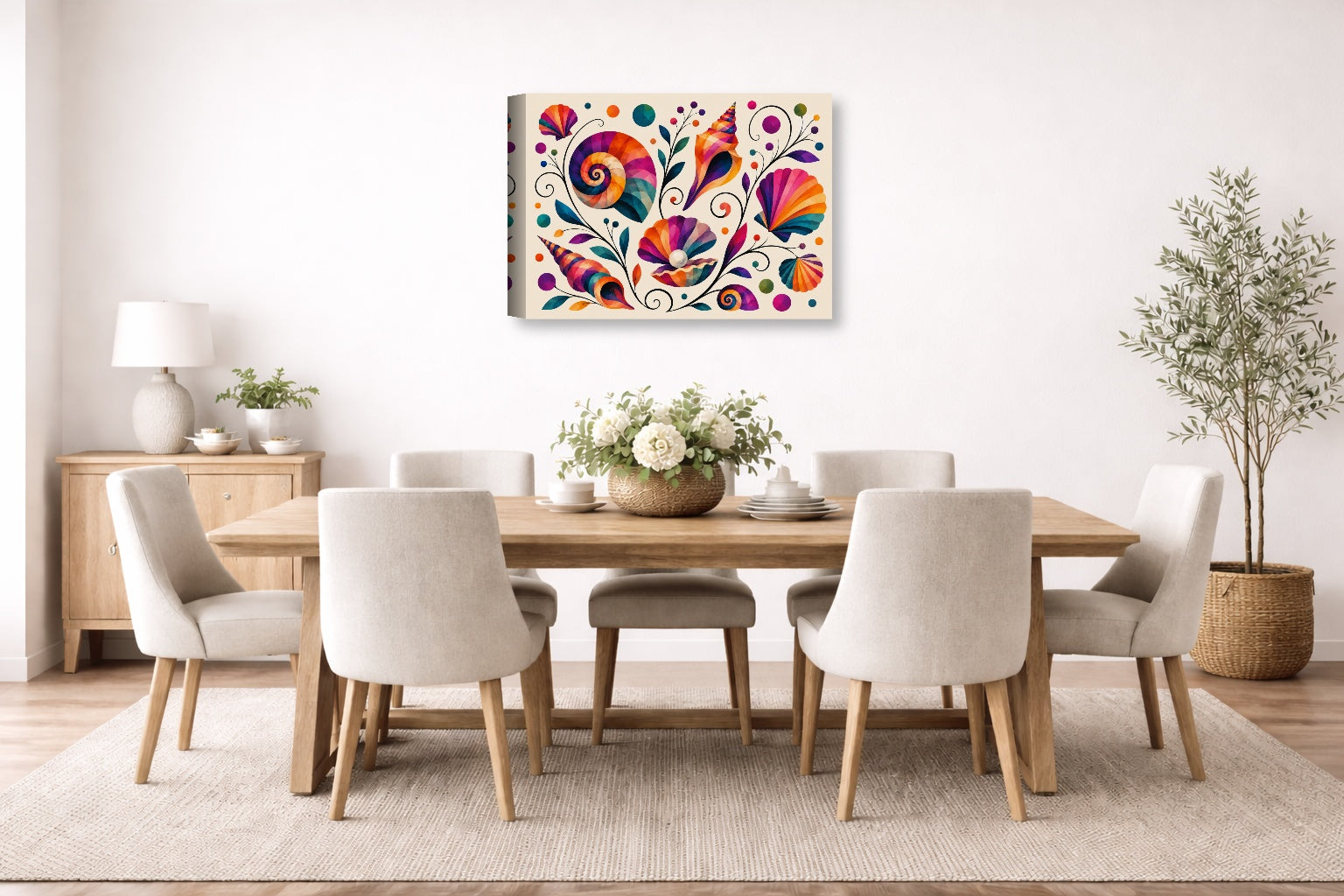 Seashells - Geometric Painting printed on canvas wall art displayed on a wall in the dinning room