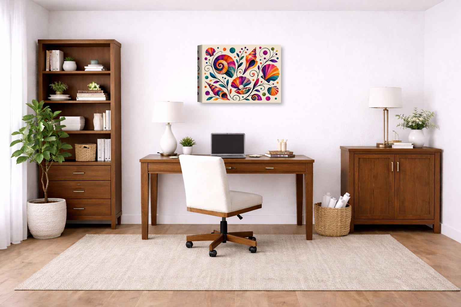 Seashells - Geometric Painting printed on canvas wall art displayed on a wall in a a home office.