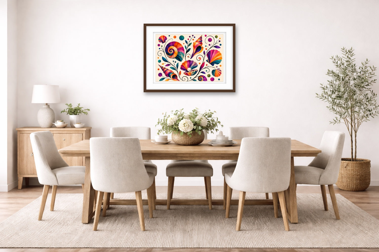Seashells - Geometric Painting printed on fine art paper, framed on a espresso frame and matted. Hung on a dinning room wall