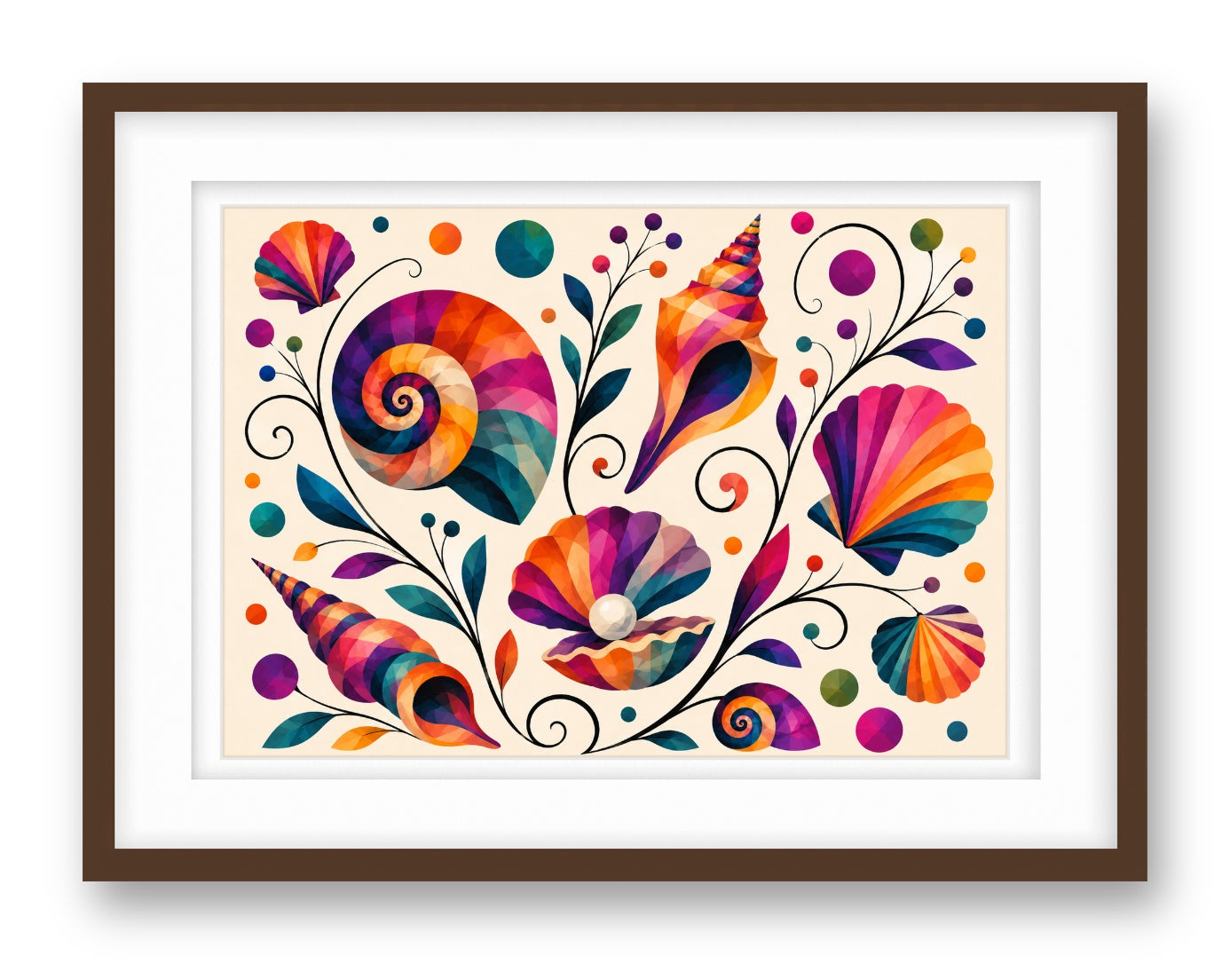 Seashells printed on fine art paper, framed on a espresso frame and matted.