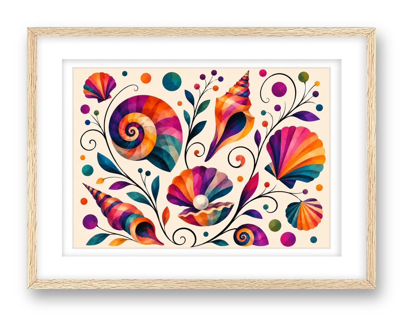 Seashells printed on fine art paper, framed on a oak frame and matted.