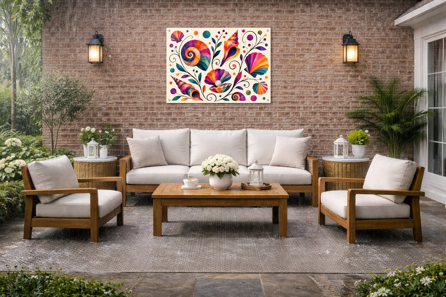 Seashells - Geometric Painting printed on water resistant canvas and mounted on a waterproof frame. Hung on a patio wall.