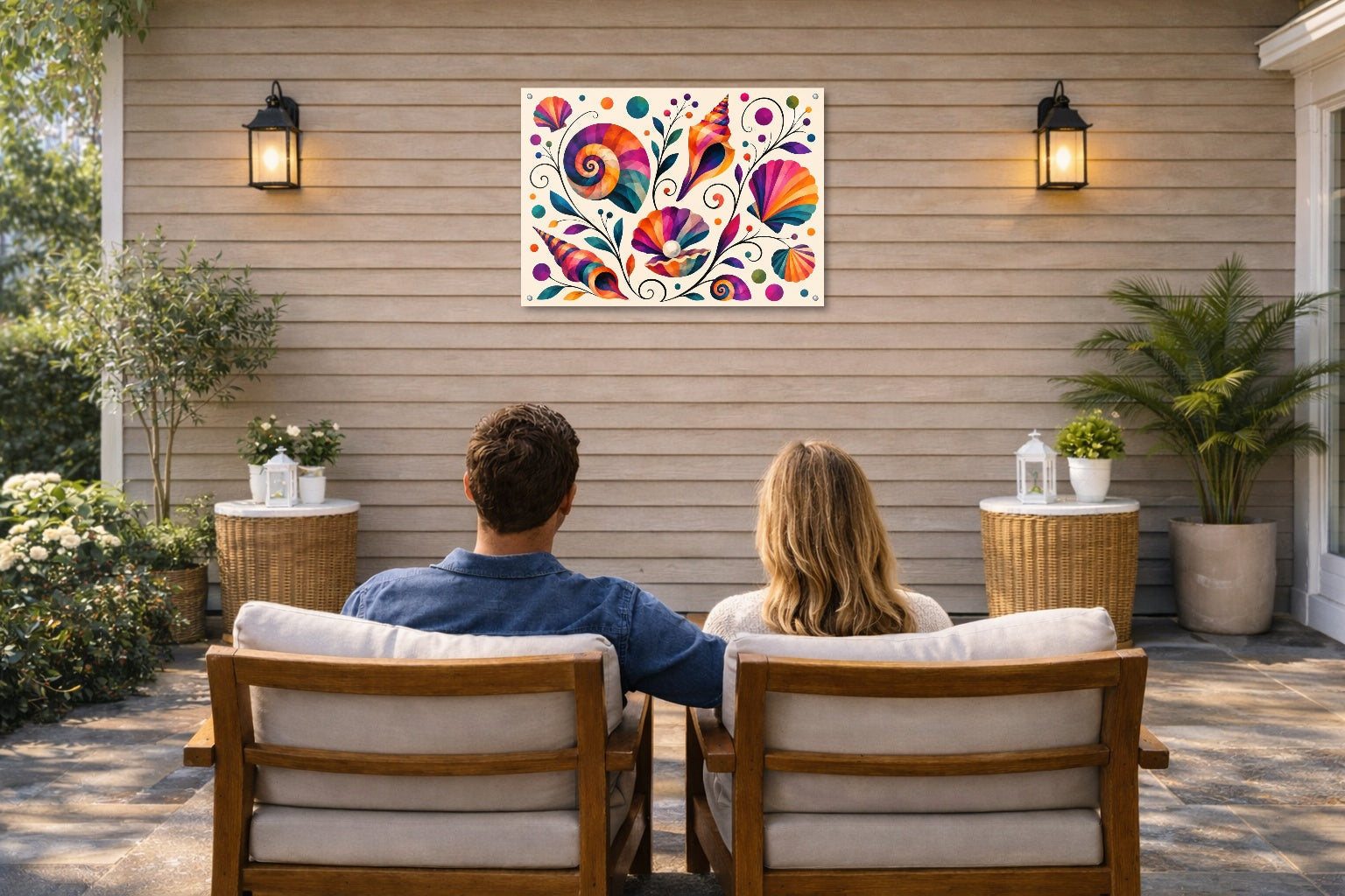 Seashells - Geometric Painting printed on water resistant canvas and mounted on a waterproof frame. Hung on a patio wall with couple.