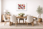 Seashells - Geometric Painting printed on fine art paper, framed on a white frame and matted. Hung on a dining room wall.