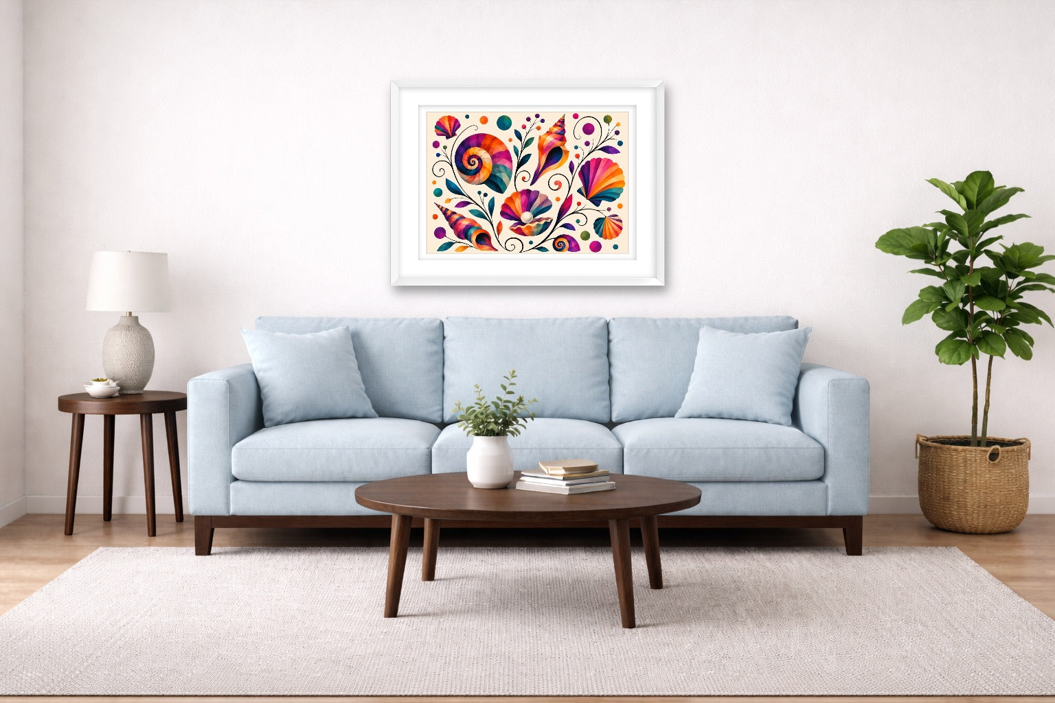 Seashells - Geometric Painting printed on fine art paper, framed on a white frame and matted. Hung on a living room wall.