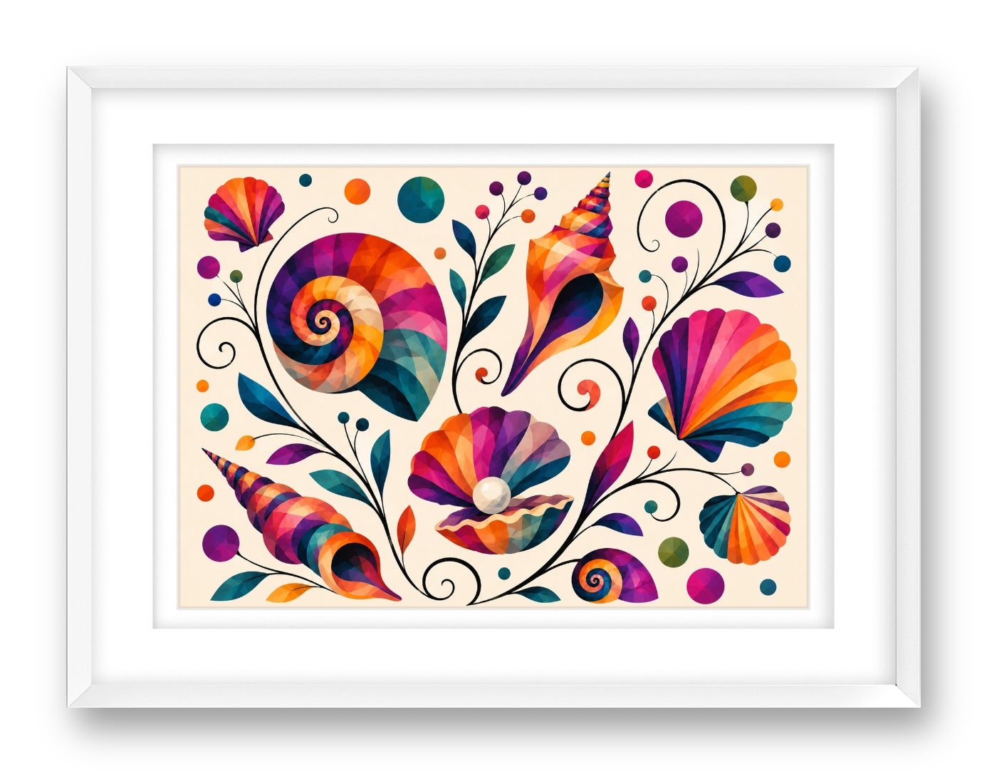 Seashells printed on fine art paper, framed on a white frame and matted.