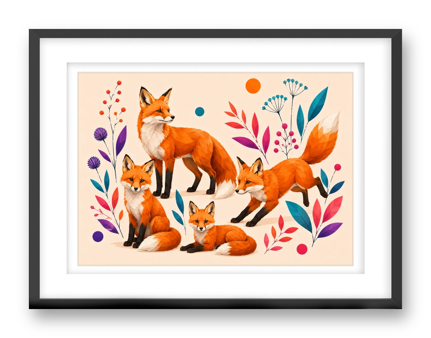 Fox Family printed on fine art paper, framed on a black frame and matted.