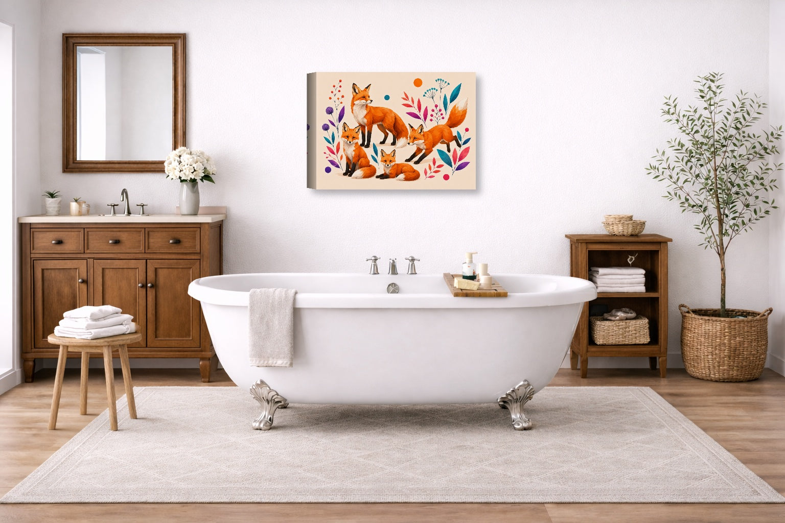 Fox Family - Geometric Painting printed on canvas wall art displayed on a bathroom wall .