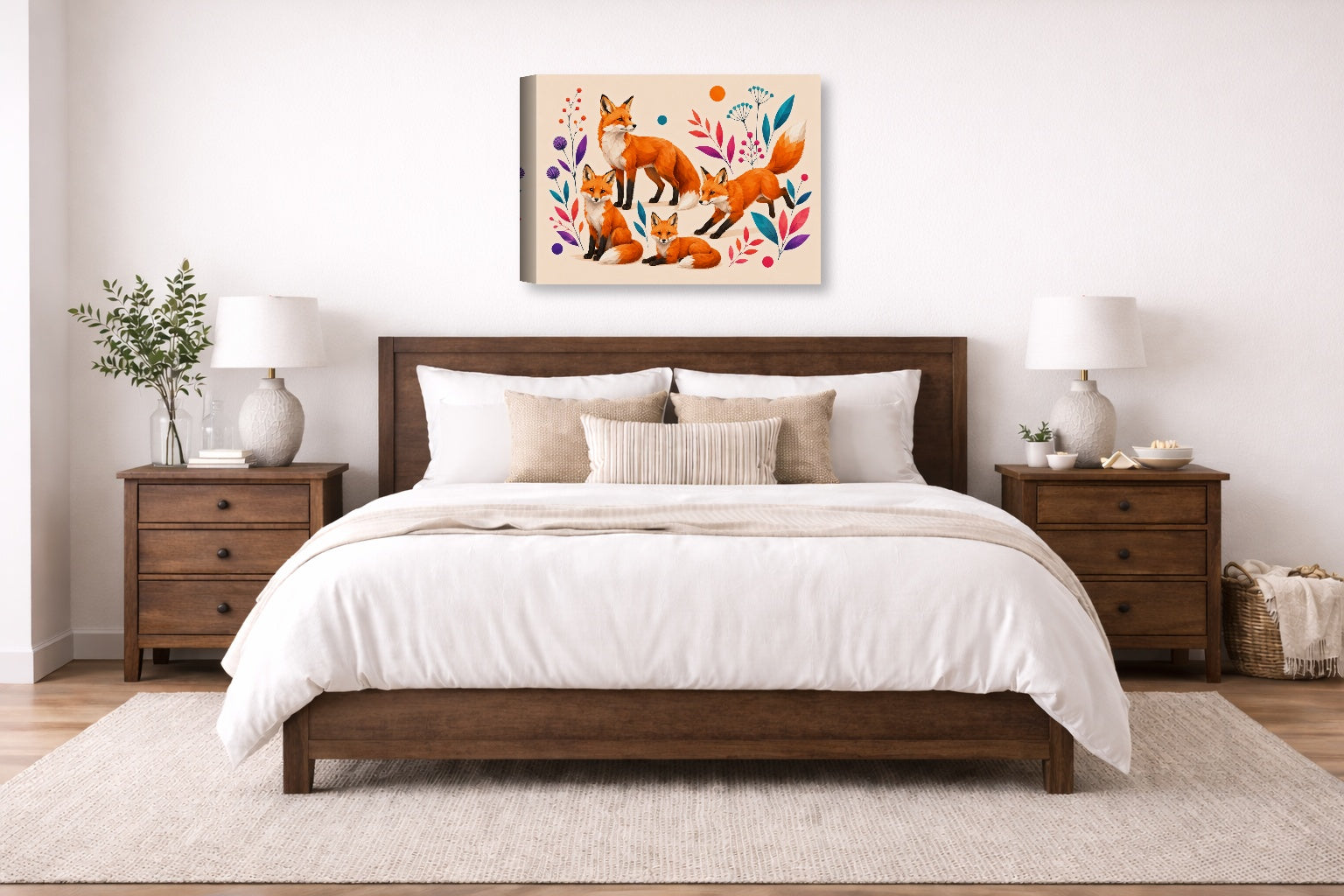 Fox Family - Geometric Painting printed on canvas wall art displayed on a wall above a bed.