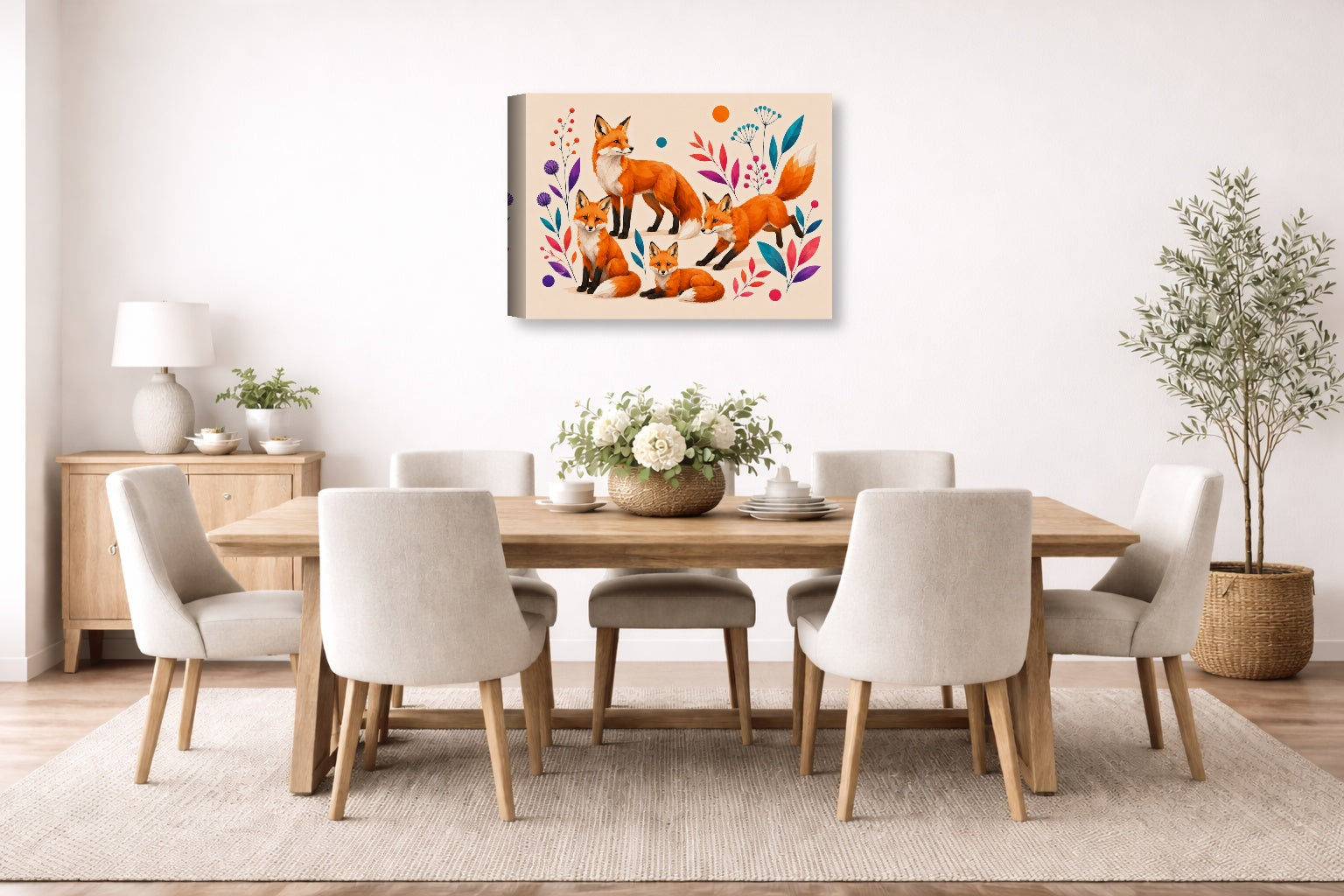 Fox Family - Geometric Painting printed on canvas wall art displayed on a wall in the dinning room