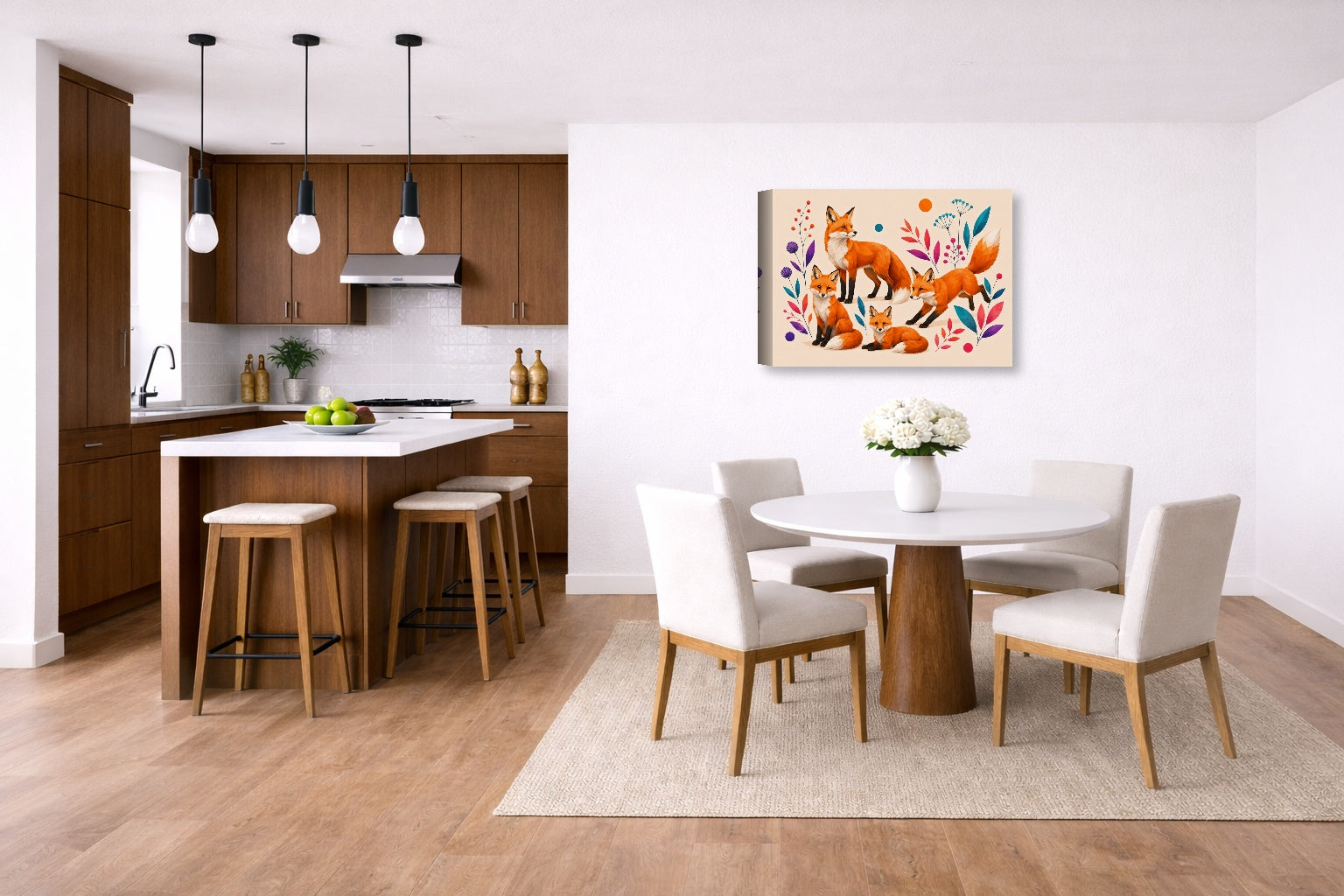 Fox Family - Geometric Painting printed on canvas wall art displayed on a wall in a dinette.
