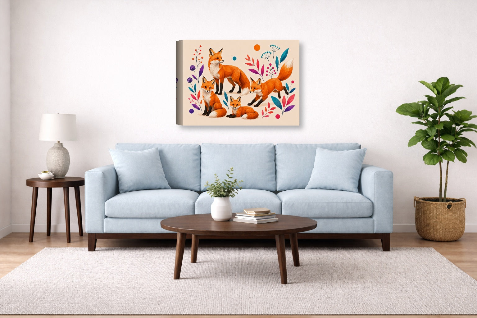 Fox Family - Geometric Painting printed on canvas wall art displayed above a couch in a living room
