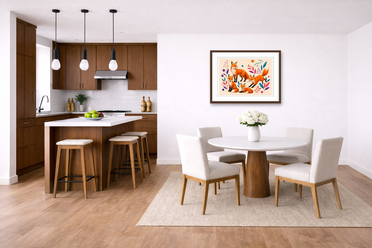 Fox Family - Geometric Painting printed on fine art paper, framed on a espresso frame and matted. Hung on a living kitchen-dinette wall.