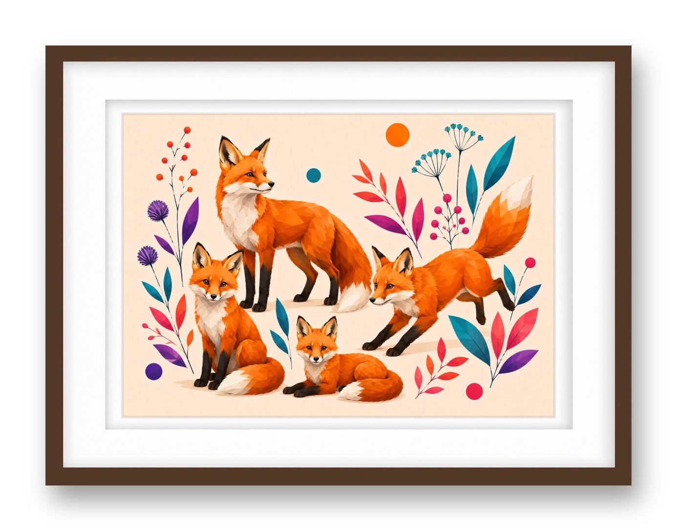 Fox Family printed on fine art paper, framed on a espresso frame and matted.
