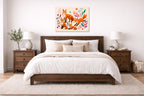 Fox Family - Geometric Painting printed on aluminum metal with wall anchors. Hung on a bedroom wall.