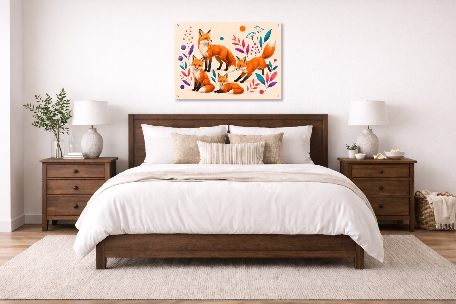 Fox Family - Geometric Painting printed on aluminum metal with wall anchors. Hung on a bedroom wall.