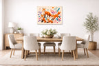 Fox Family - Geometric Painting printed on aluminum metal with wall anchors. Hung on a dining room wall.