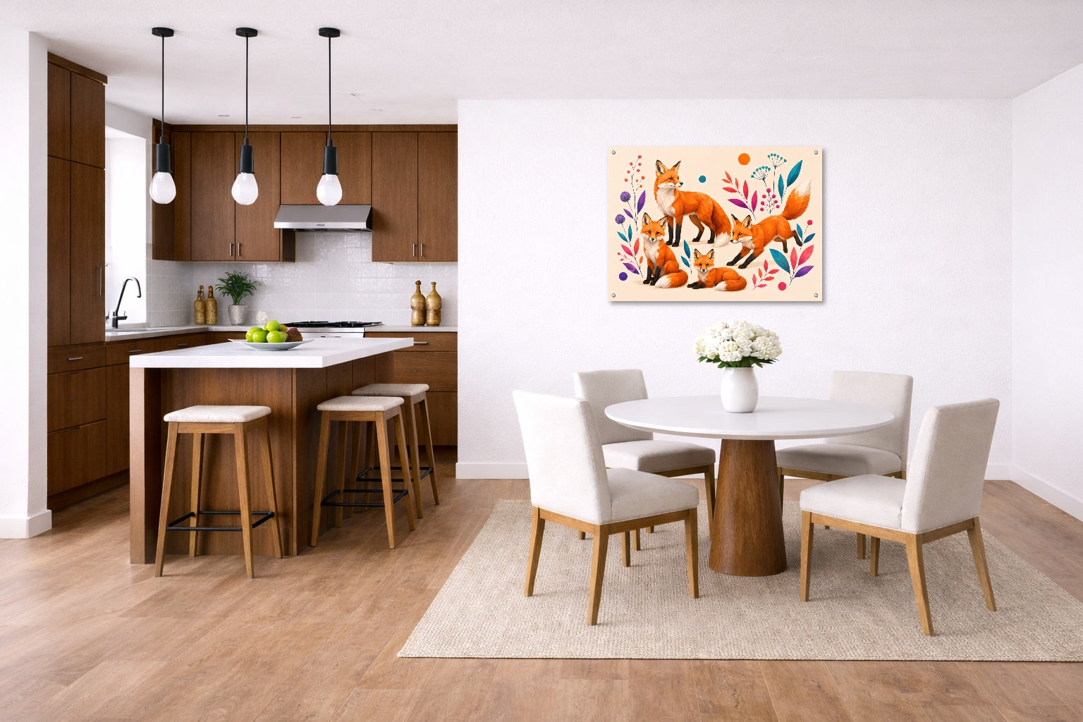 Fox Family - Geometric Painting printed on aluminum metal with wall anchors. Hung on a kitchen-dinette wall.