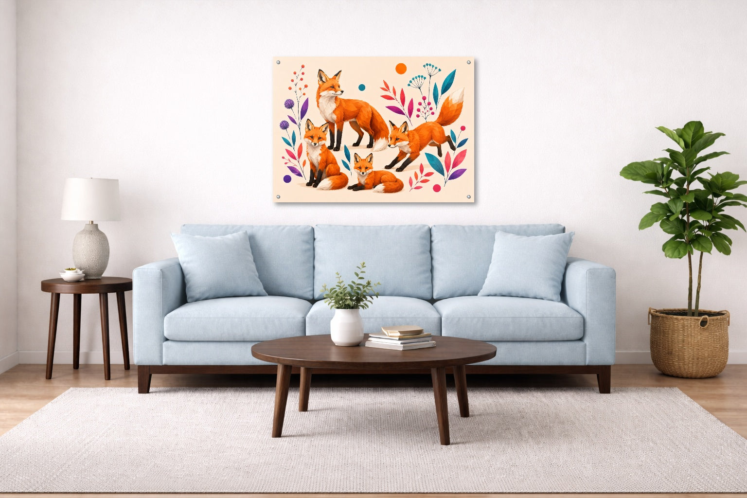 Fox Family - Geometric Painting printed on aluminum metal with wall anchors. Hung on a living room wall.
