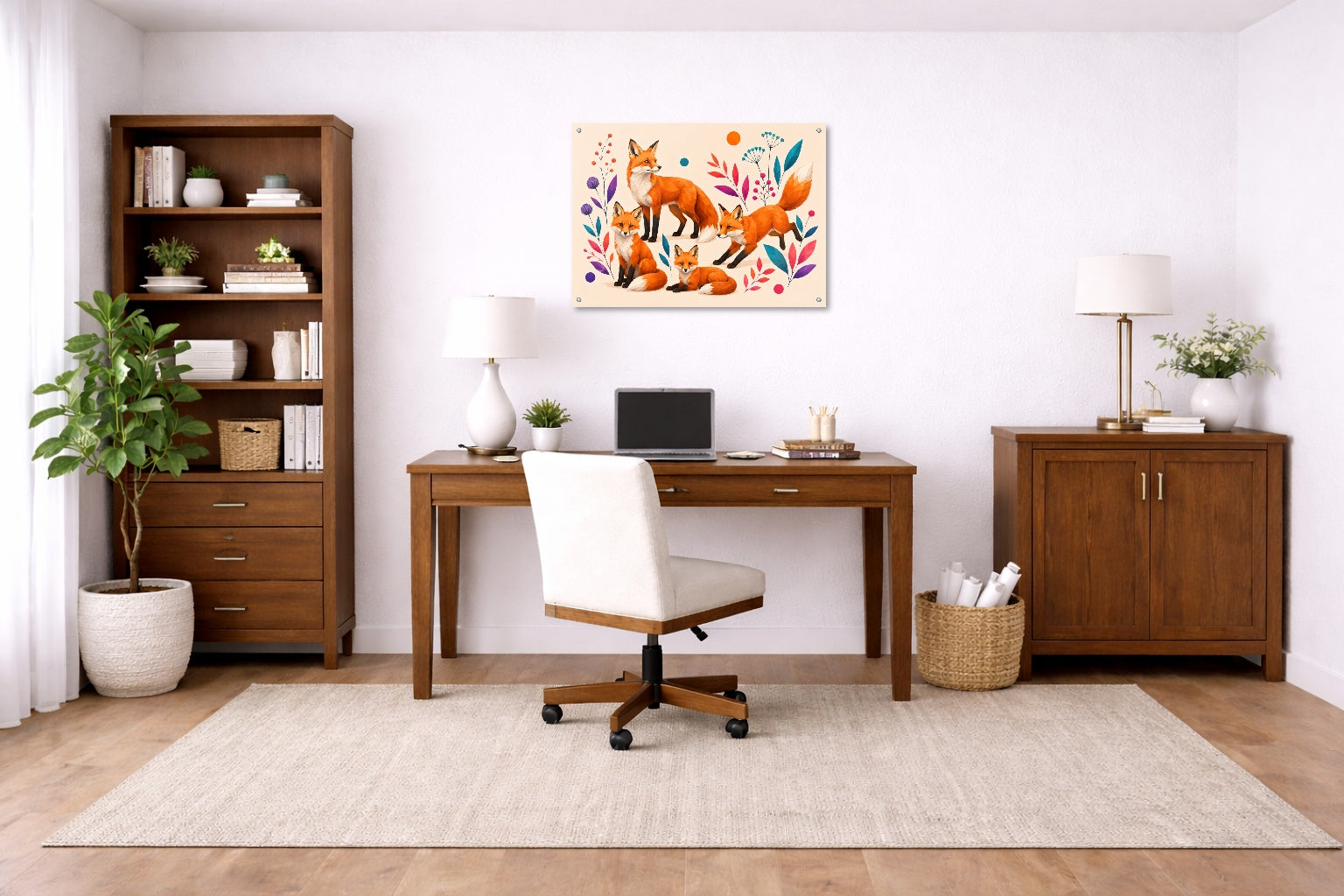 Fox Family - Geometric Painting printed on aluminum metal with wall anchors. Hung on a office wall.