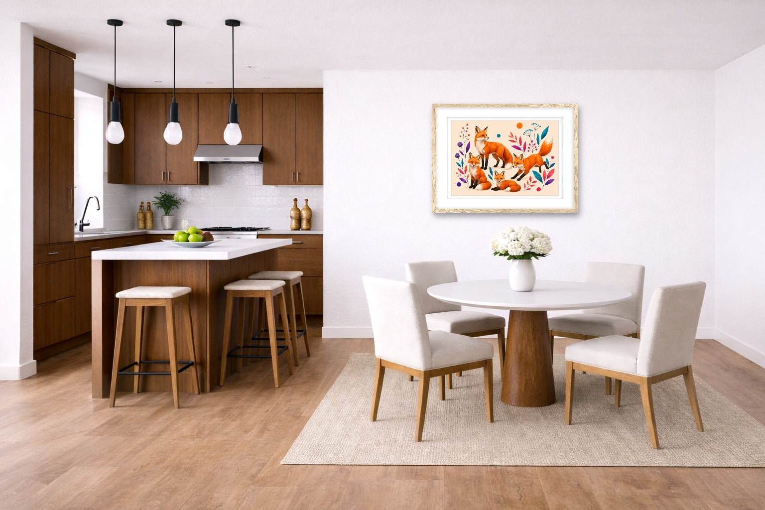 Fox Family - Geometric Painting printed on fine art paper, framed on a oak frame and matted. Hung on a kitchen-dinette wall.