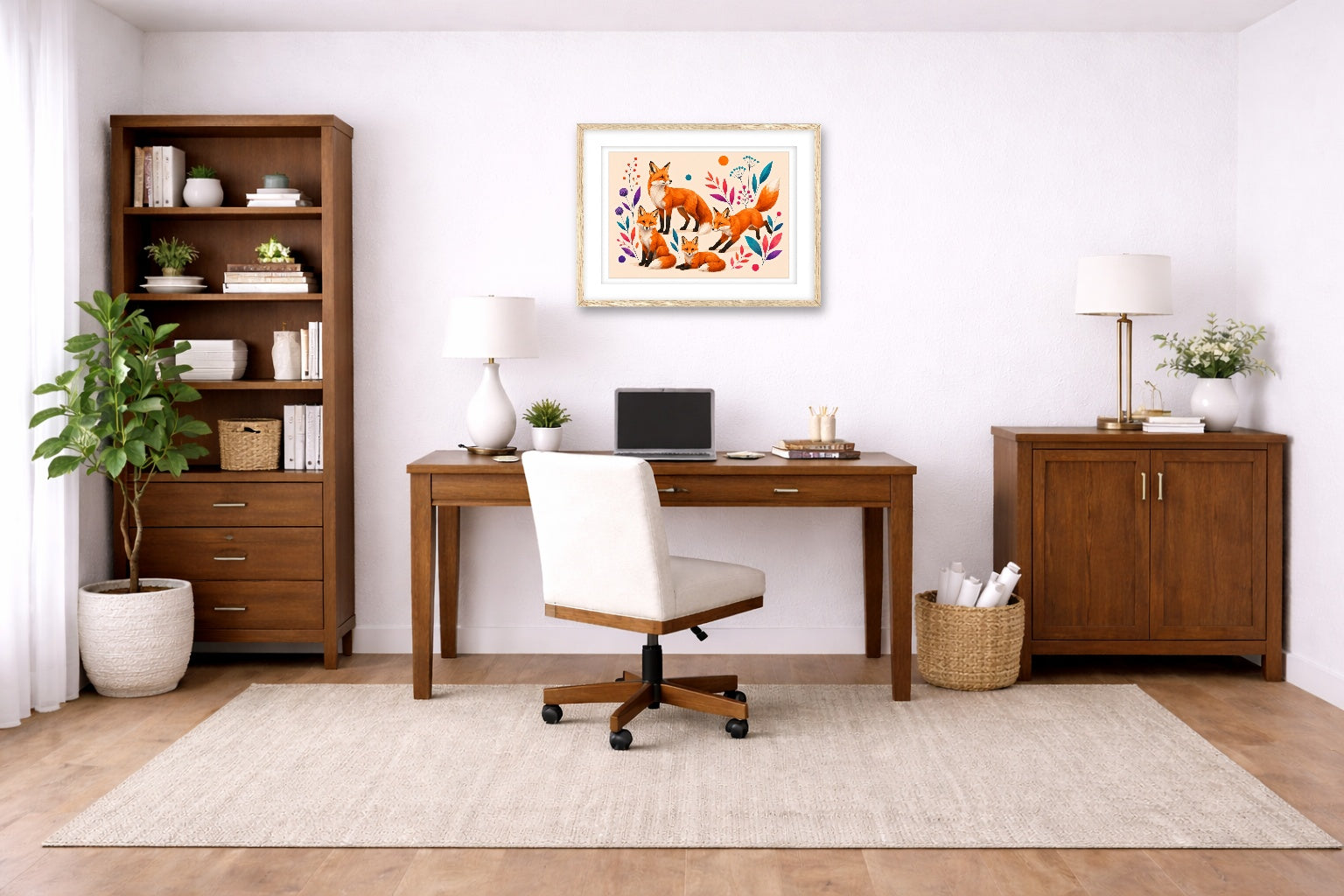 Fox Family - Geometric Painting printed on fine art paper, framed on a oak frame and matted. Hung on a home office wall.
