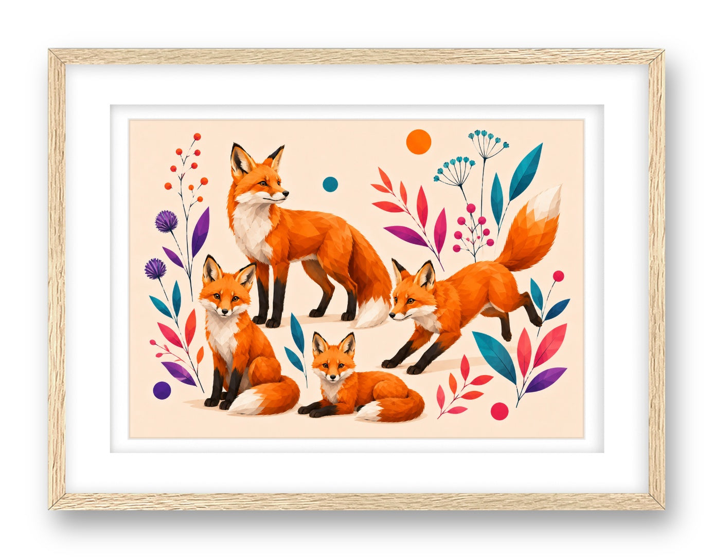 Fox Family printed on fine art paper, framed on a oak frame and matted.