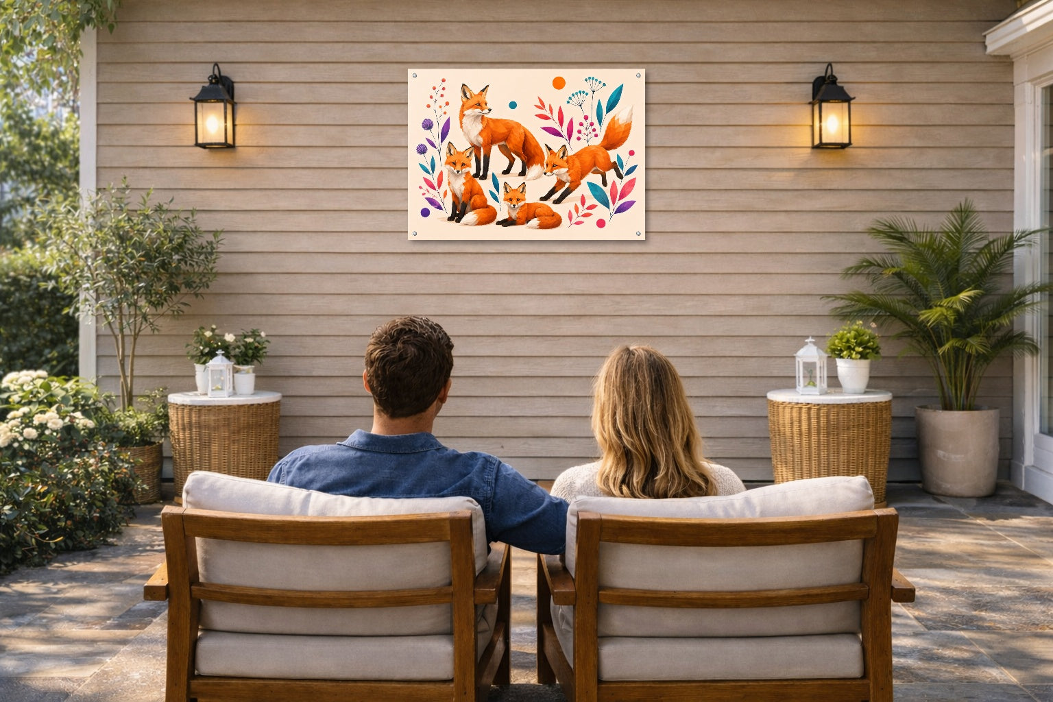 Fox Family - Geometric Painting printed on water resistant canvas and mounted on a waterproof frame. Hung on a patio wall with couple.