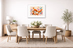 Fox Family - Geometric Painting printed on fine art paper, framed on a white frame and matted. Hung on a dining room wall.