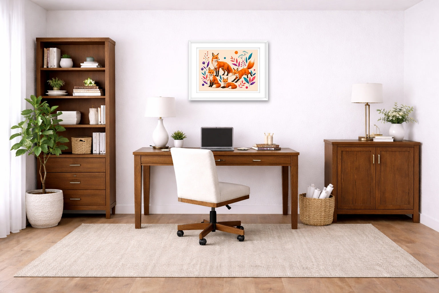 Fox Family - Geometric Painting printed on fine art paper, framed on a white frame and matted. Hung on a home office wall.