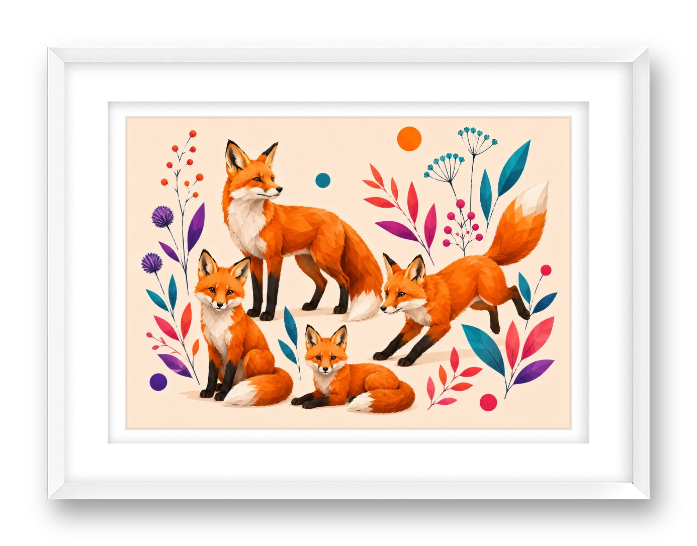 Fox Family printed on fine art paper, framed on a white frame and matted.