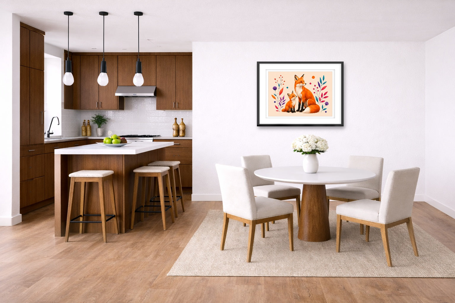 Fox with Baby - Geometric Painting printed on fine art paper, framed on a black frame and matted and hung on a wall on a dinette wall.