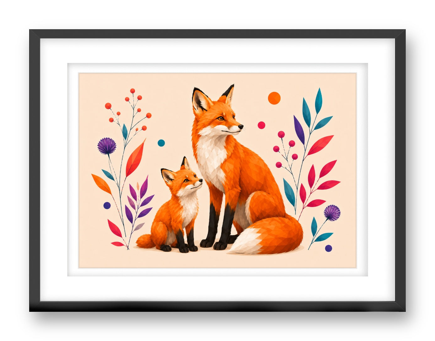 Fox with Baby printed on fine art paper, framed on a black frame and matted.