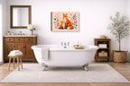 Fox with Baby - Geometric Painting printed on canvas wall art displayed on a bathroom wall .
