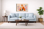 Fox with Baby - Geometric Painting printed on canvas wall art displayed above a couch in a living room