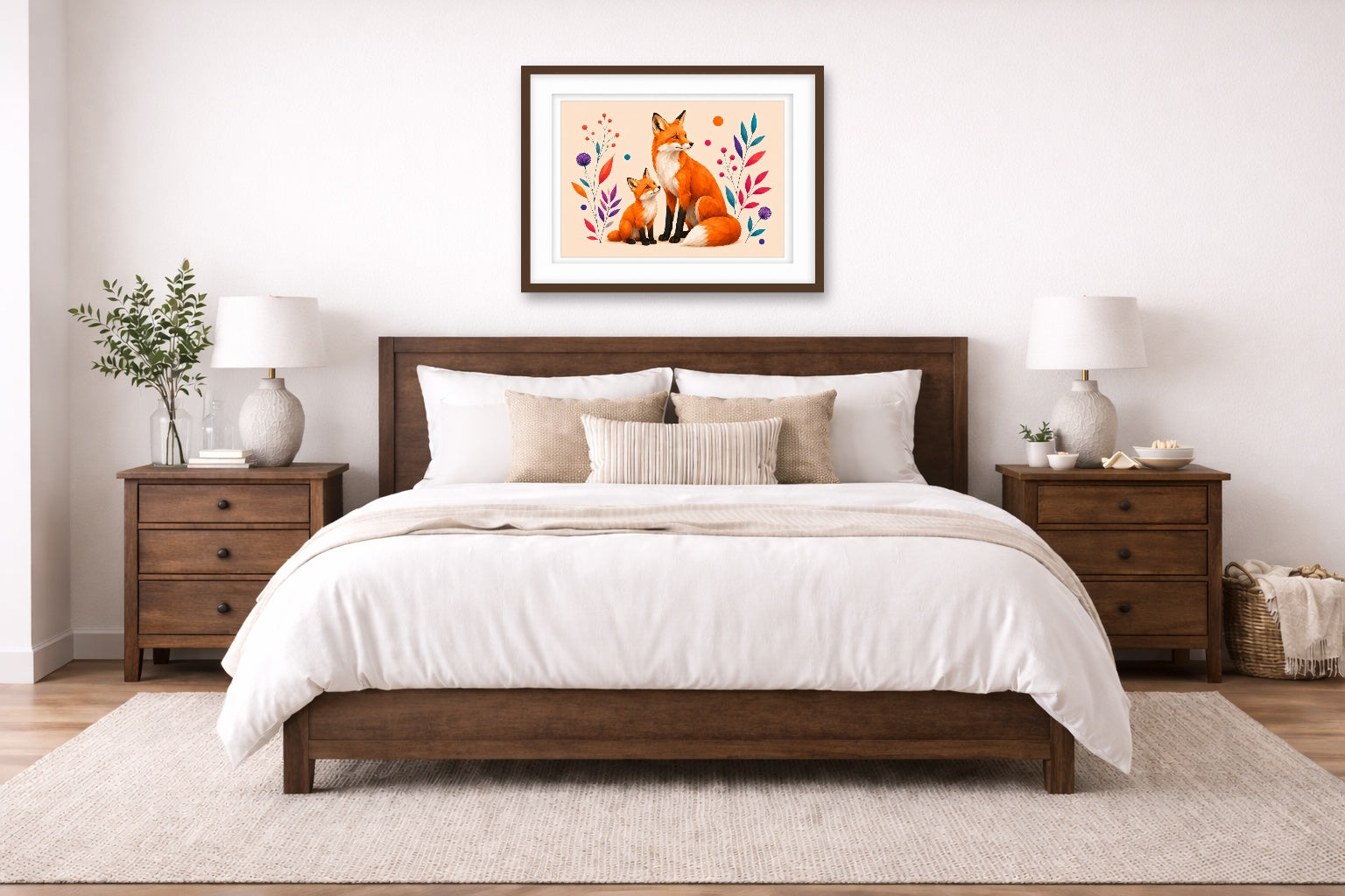 Fox with Baby - Geometric Painting printed on fine art paper, framed on a espresso frame and matted. Hung on a living bedroom wall.