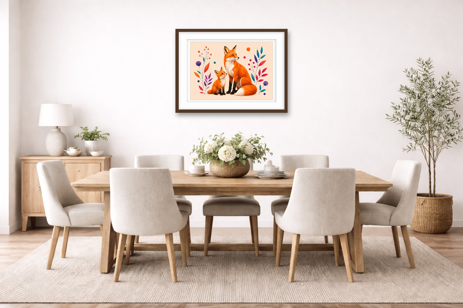 Fox with Baby - Geometric Painting printed on fine art paper, framed on a espresso frame and matted. Hung on a dinning room wall