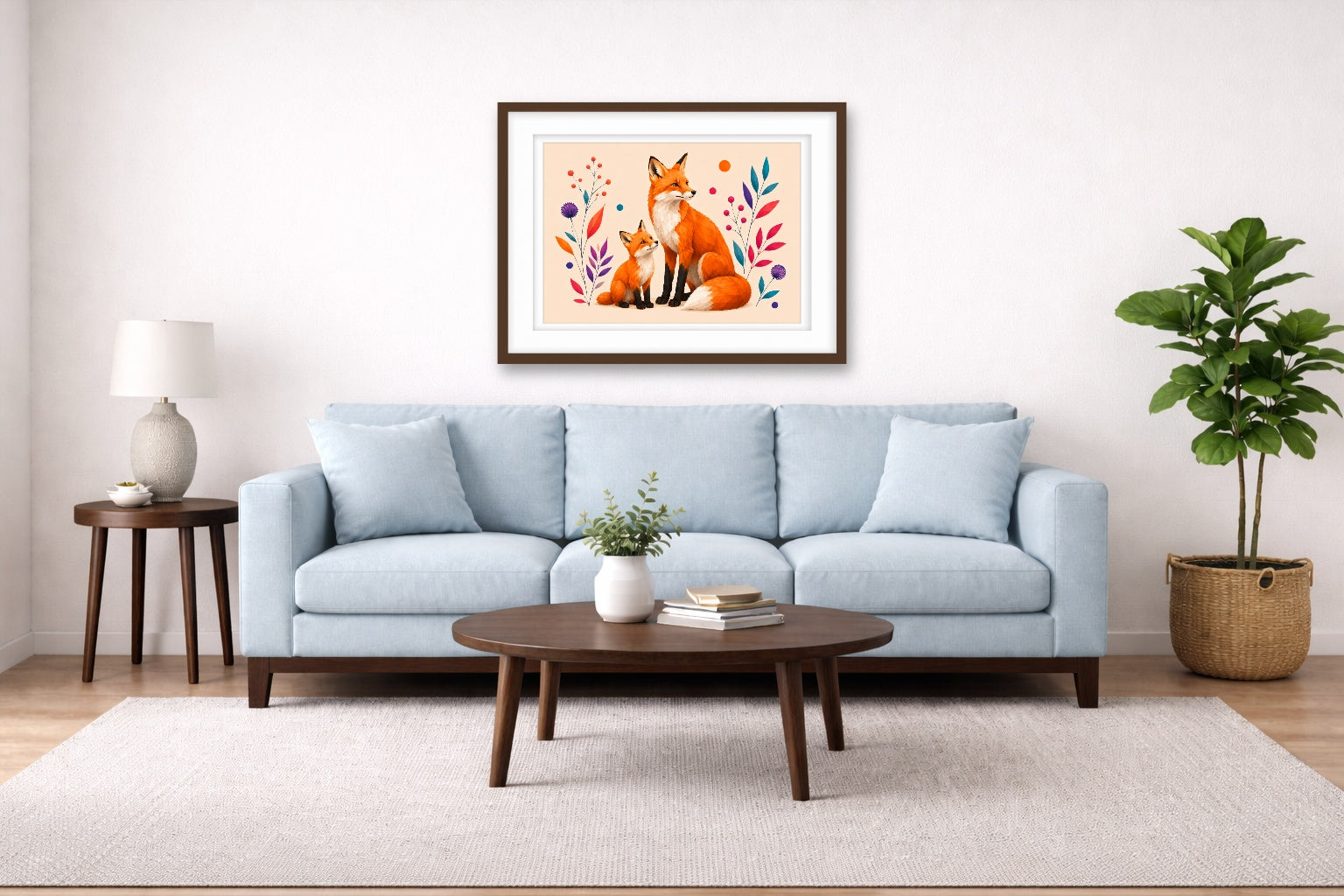 Fox with Baby - Geometric Painting printed on fine art paper, framed on a espresso frame and matted. Hung on a living room wall