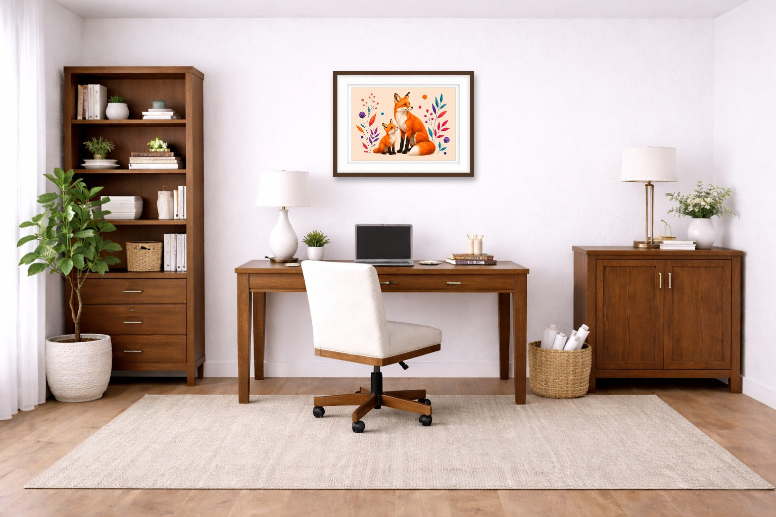Fox with Baby - Geometric Painting printed on fine art paper, framed on a espresso frame and matted. Hung on a living home office wall.
