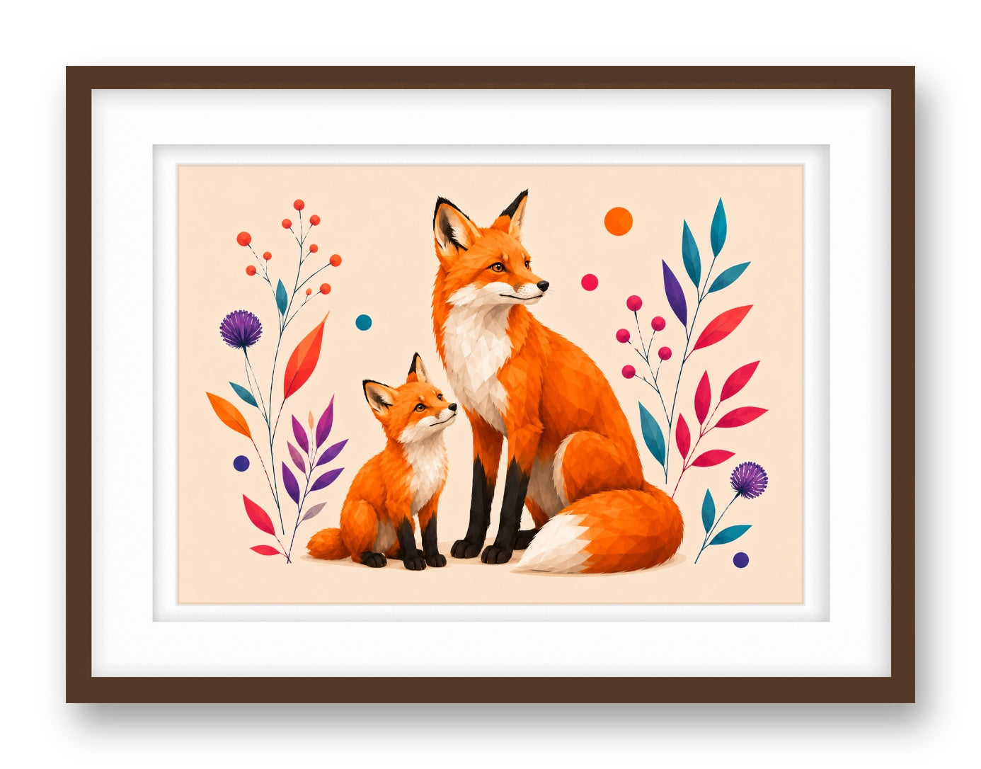 Fox with Baby printed on fine art paper, framed on a espresso frame and matted.