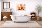 Fox with Baby - Geometric Painting printed on aluminum metal with wall anchors. Hung on a bathroom wall.