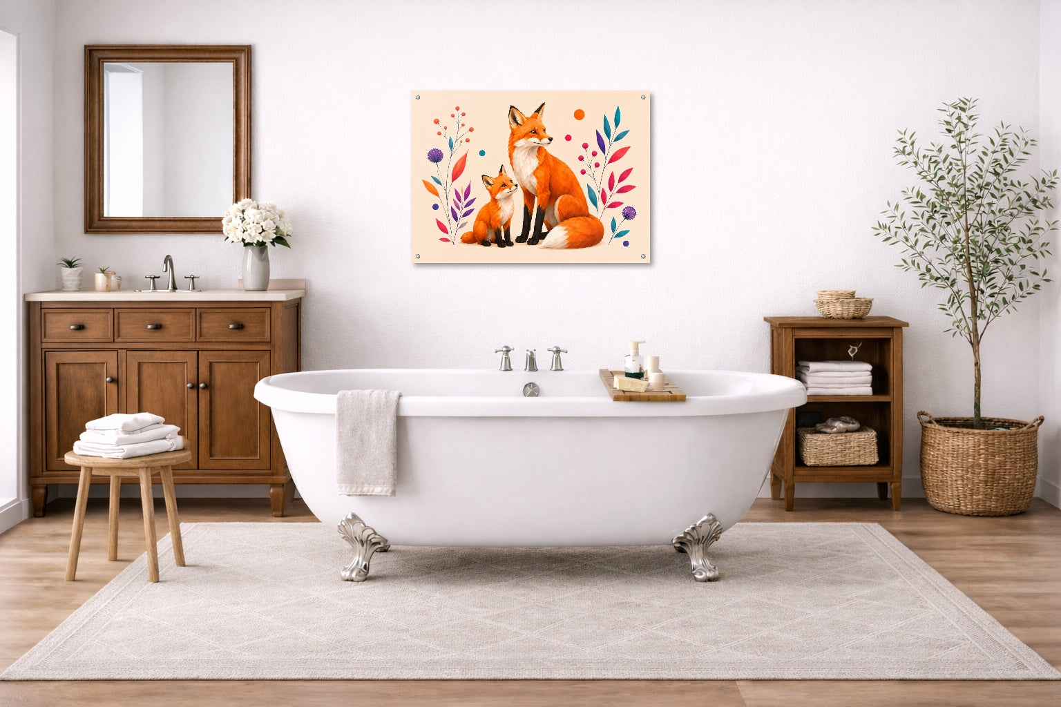 Fox with Baby - Geometric Painting printed on aluminum metal with wall anchors. Hung on a bathroom wall.