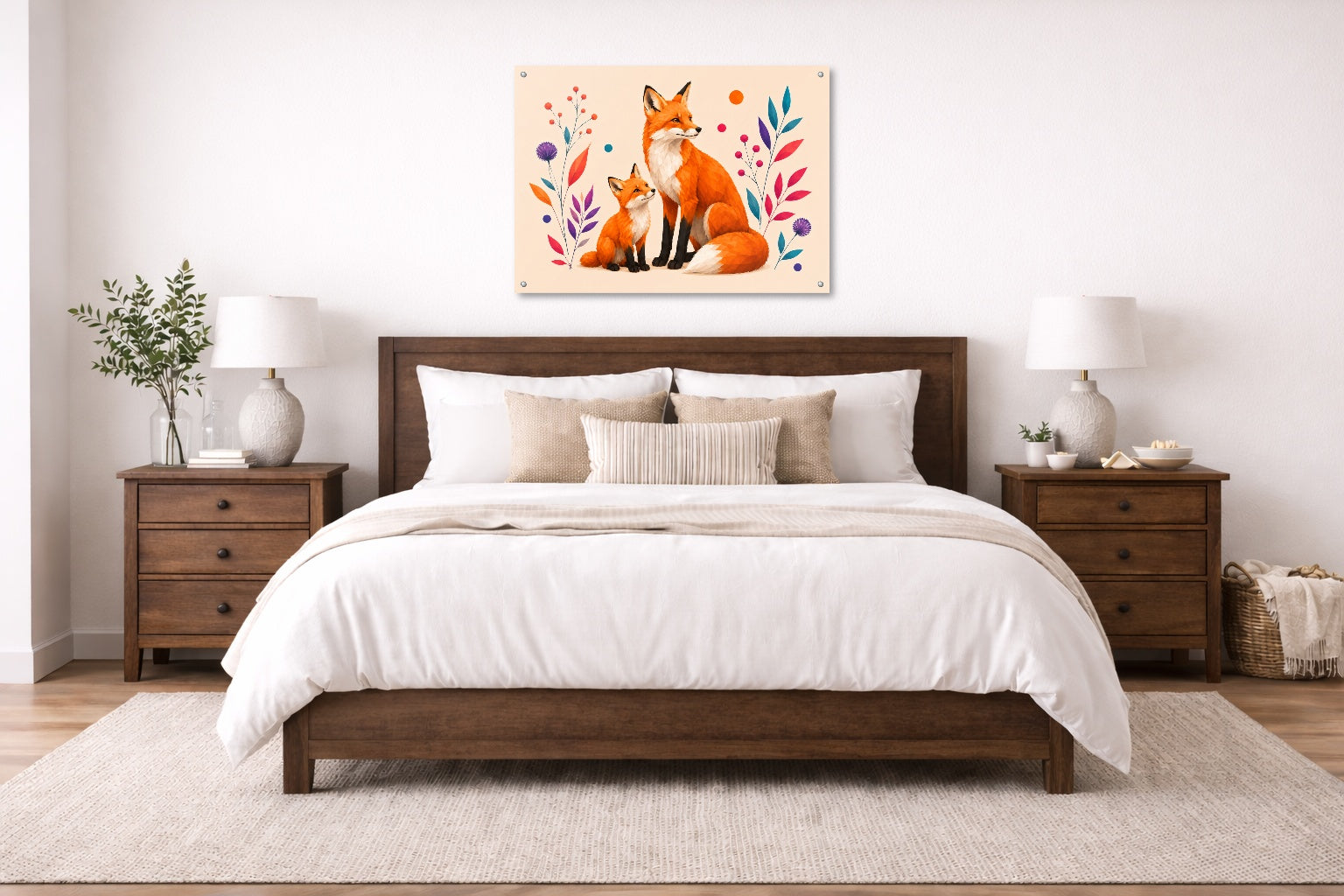 Fox with Baby - Geometric Painting printed on aluminum metal with wall anchors. Hung on a bedroom wall.