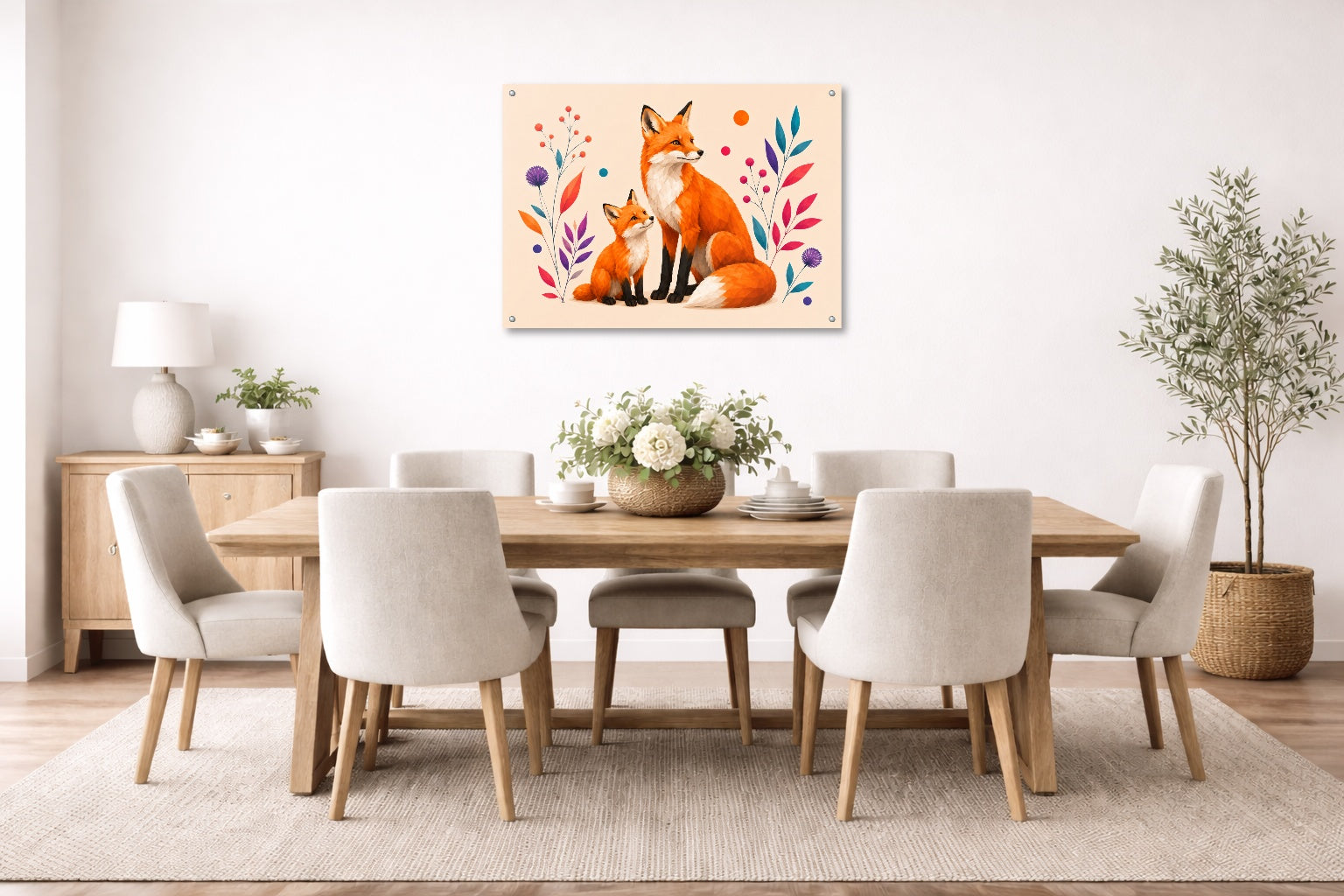 Fox with Baby - Geometric Painting printed on aluminum metal with wall anchors. Hung on a dining room wall.