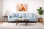 Fox with Baby - Geometric Painting printed on aluminum metal with wall anchors. Hung on a living room wall.